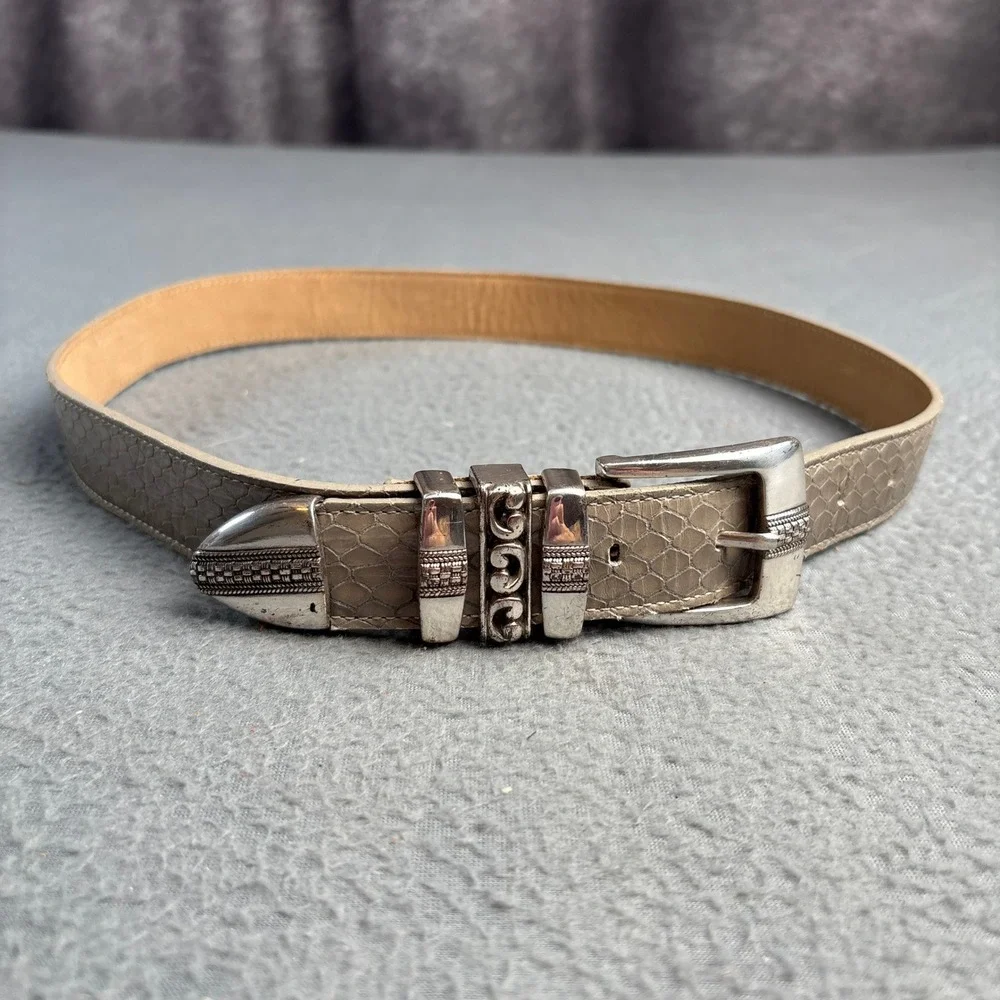 Vintage 1998 Bucklesource Taupe Snakeskin Western Belt Silver Tone Hardware